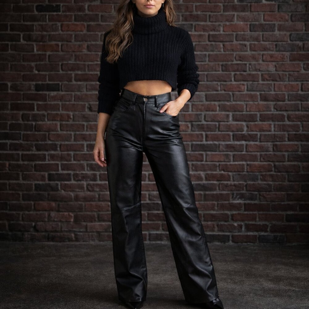 Vintage Tower Hill Black Genuine Leather Straight Leg Pants Sz 10